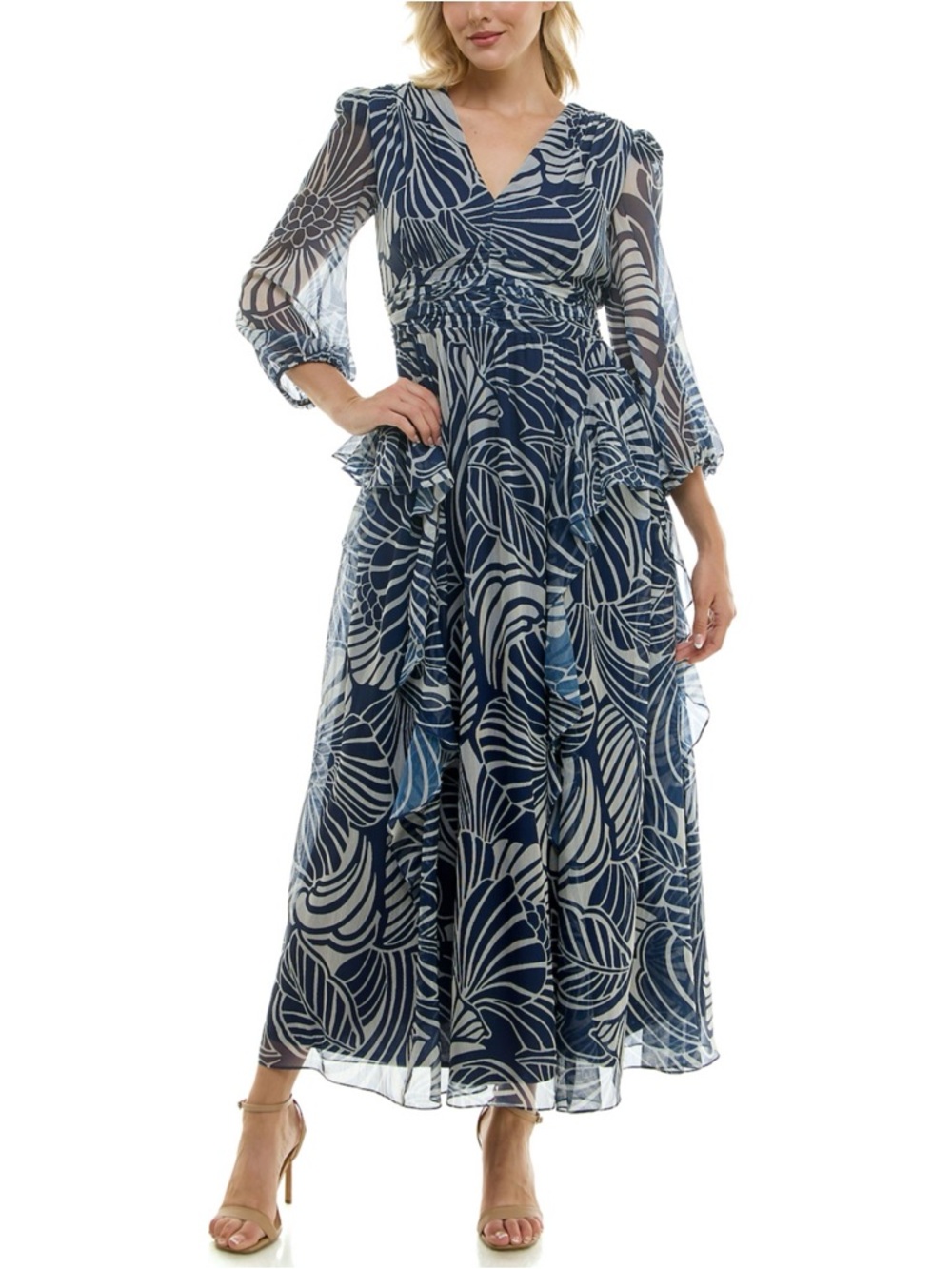 Taylor Navy and Cream Leaf-Print Maxi Dress with Wrap V-Neck
